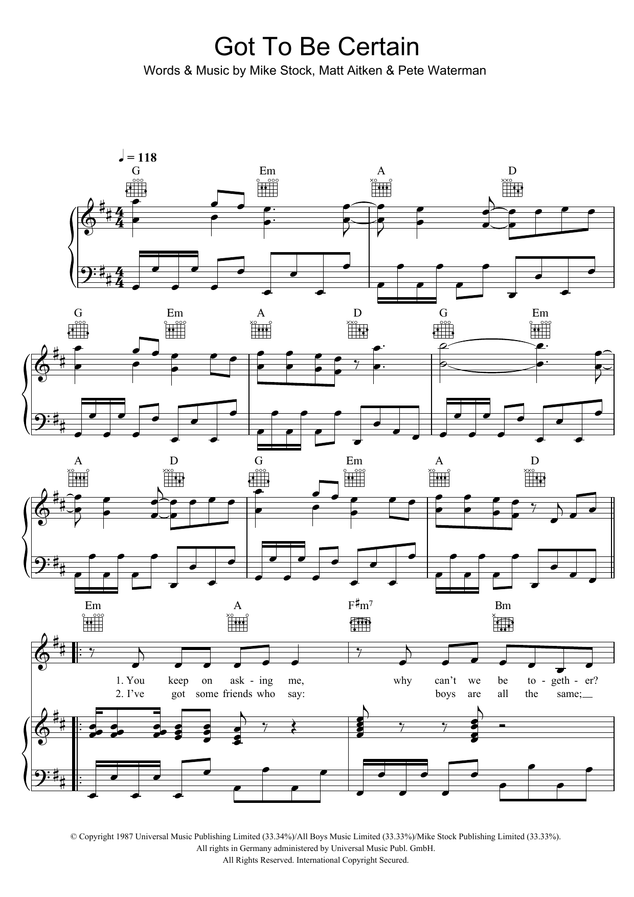Kylie Minogue Got To Be Certain Sheet Music Notes & Chords for Piano, Vocal & Guitar - Download or Print PDF