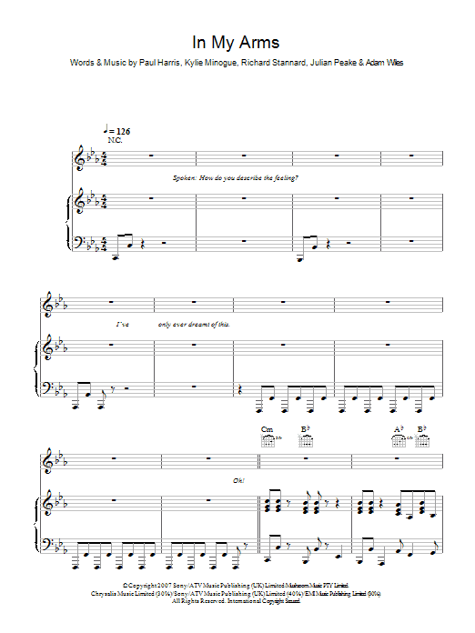 Kylie Minogue In My Arms Sheet Music Notes & Chords for Piano, Vocal & Guitar - Download or Print PDF
