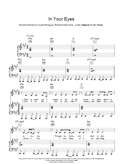 Kylie Minogue In Your Eyes Sheet Music Notes & Chords for Piano, Vocal & Guitar - Download or Print PDF