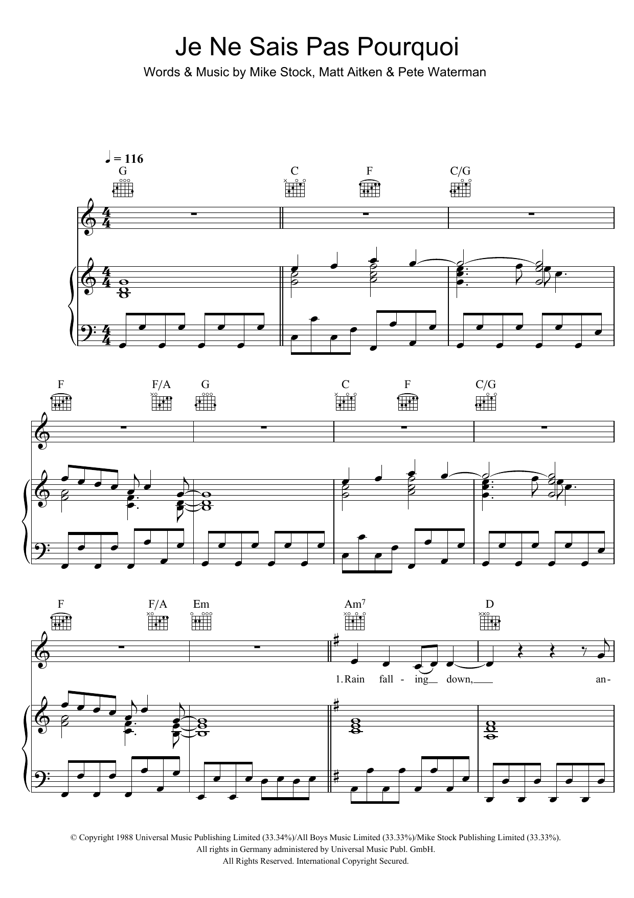 Kylie Minogue Je Ne Sais Pas Pourquoi Sheet Music Notes & Chords for Piano, Vocal & Guitar (Right-Hand Melody) - Download or Print PDF