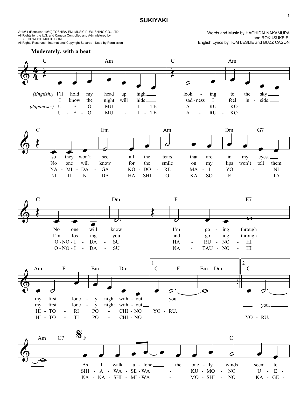 Kyu Sakamoto Sukiyaki Sheet Music Notes & Chords for Melody Line, Lyrics & Chords - Download or Print PDF