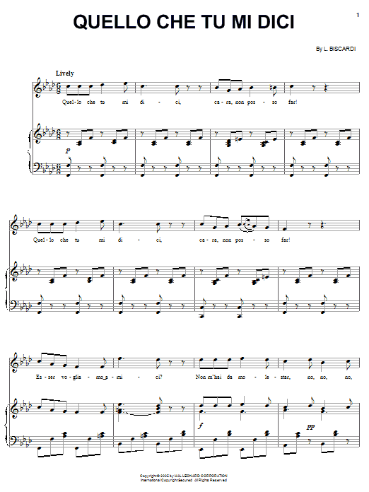 L. Biscardi Quello che tu mi dici Sheet Music Notes & Chords for Piano, Vocal & Guitar (Right-Hand Melody) - Download or Print PDF L. Biscardi Quello che tu mi dici Sheet Music Notes & Chords for Piano, Vocal & Guitar (Right-Hand Melody) - Download or Print PDF