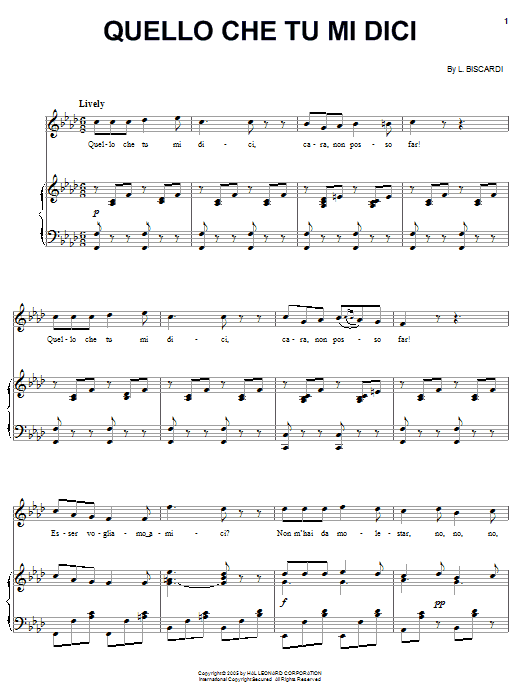 L. Biscardi Quello che tu mi dici Sheet Music Notes & Chords for Piano, Vocal & Guitar (Right-Hand Melody) - Download or Print PDF