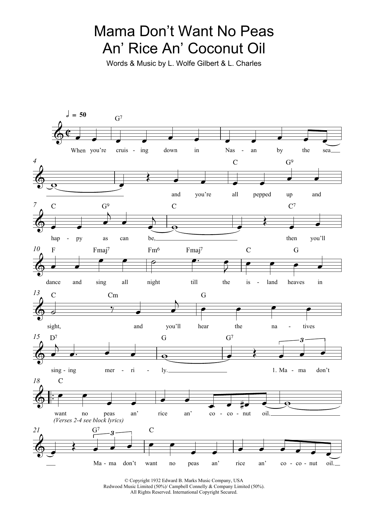 L. Wolfe Gilbert Mama Don't Want No Peas An' Rice An' Coconut Oil Sheet Music Notes & Chords for Lead Sheet / Fake Book - Download or Print PDF