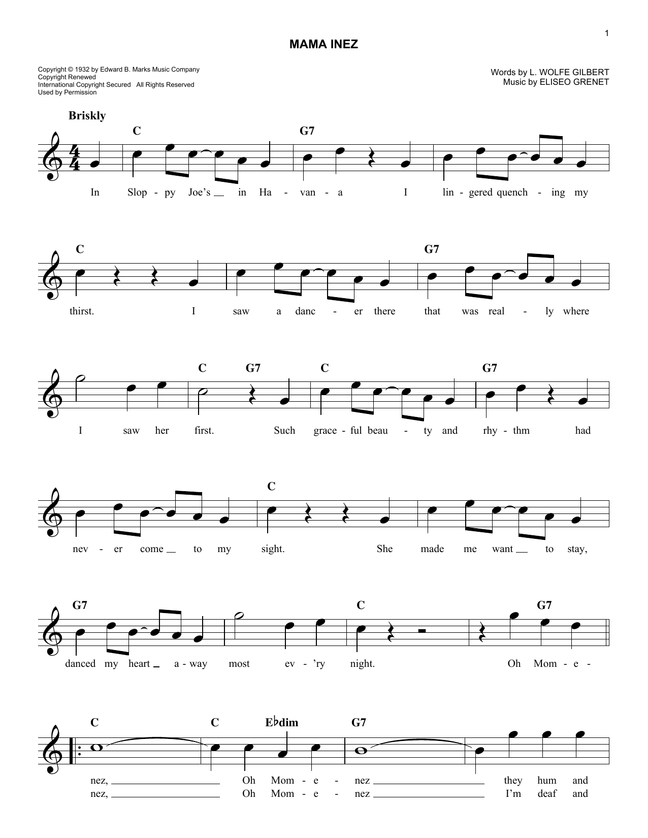 L. Wolfe Gilbert Mama Inez Sheet Music Notes & Chords for Lead Sheet / Fake Book - Download or Print PDF