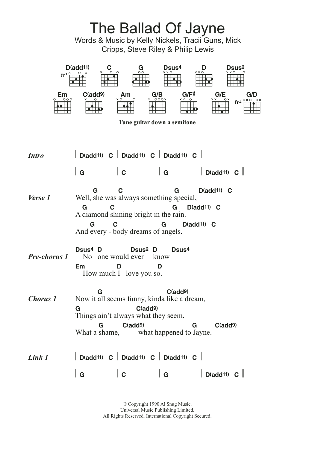 L.A. Guns The Ballad Of Jayne Sheet Music Notes & Chords for Lyrics & Chords - Download or Print PDF