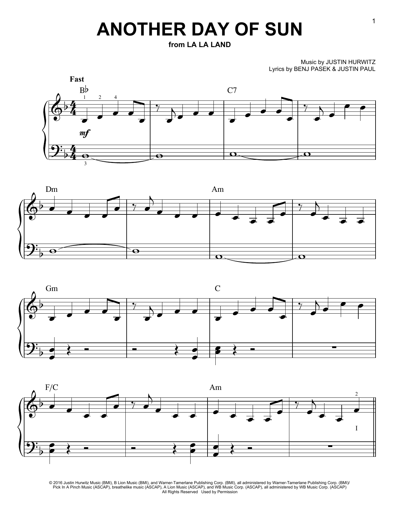 La La Land Cast Another Day Of Sun (from La La Land) Sheet Music Notes & Chords for Piano Solo - Download or Print PDF