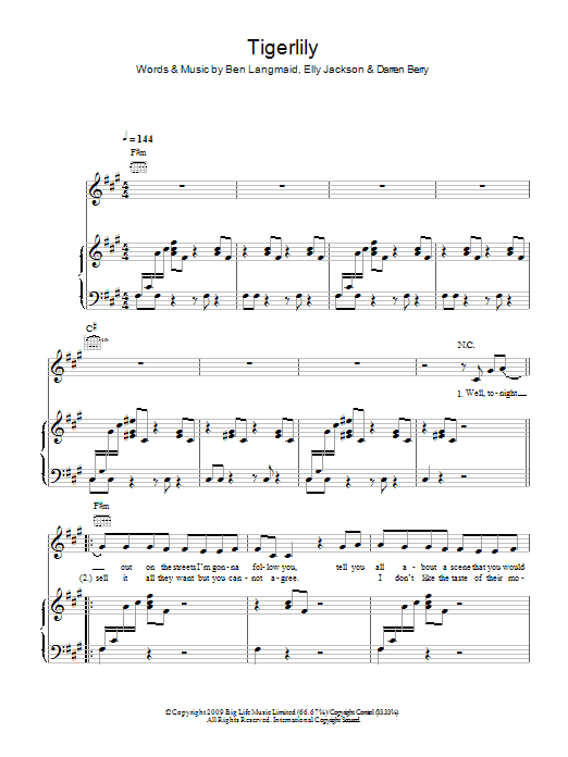 La Roux Tigerlily Sheet Music Notes & Chords for Piano, Vocal & Guitar - Download or Print PDF