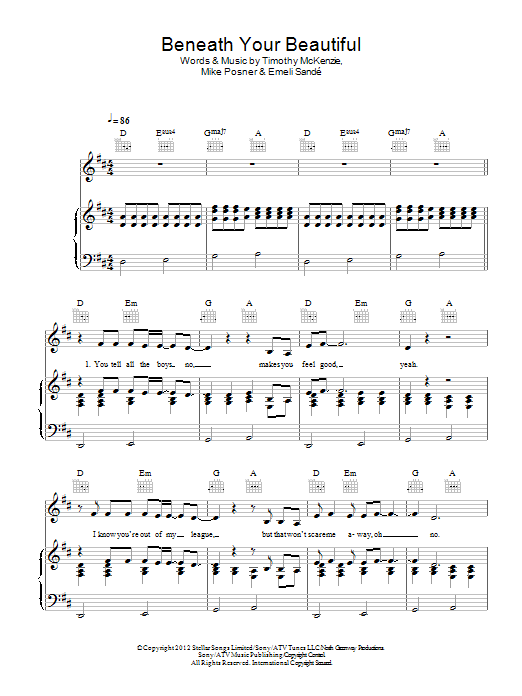 Labrinth Beneath Your Beautiful (feat. Emeli Sandé) Sheet Music Notes & Chords for Easy Piano - Download or Print PDF