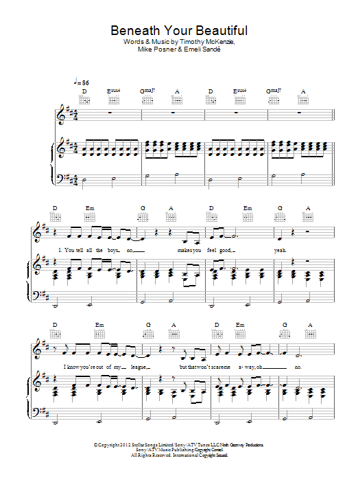 Labrinth Featuring Emeli Sande Beneath Your Beautiful Sheet Music Notes & Chords for Piano, Vocal & Guitar (Right-Hand Melody) - Download or Print PDF