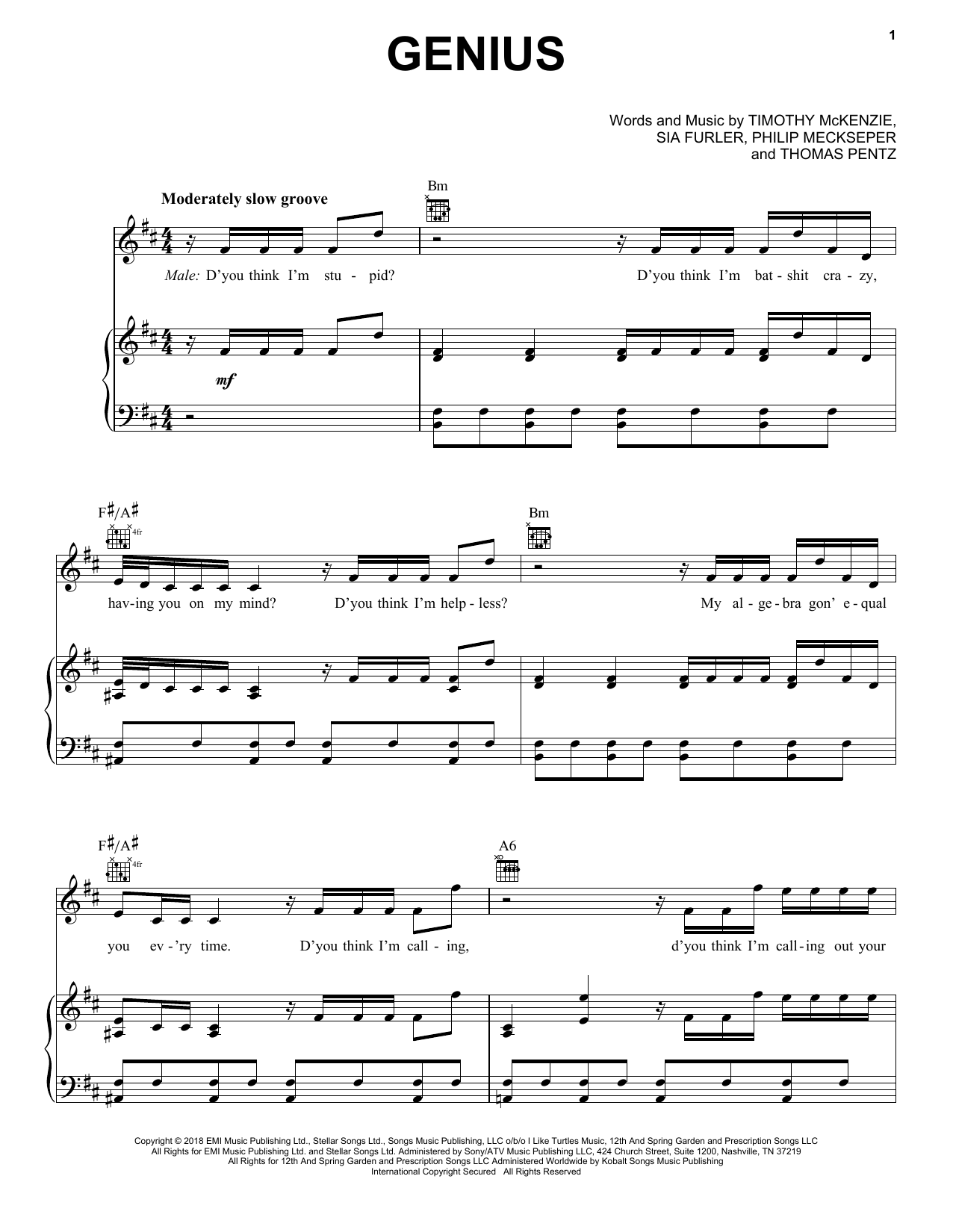 Labrinth, Sia & Diplo Genius Sheet Music Notes & Chords for Piano, Vocal & Guitar (Right-Hand Melody) - Download or Print PDF
