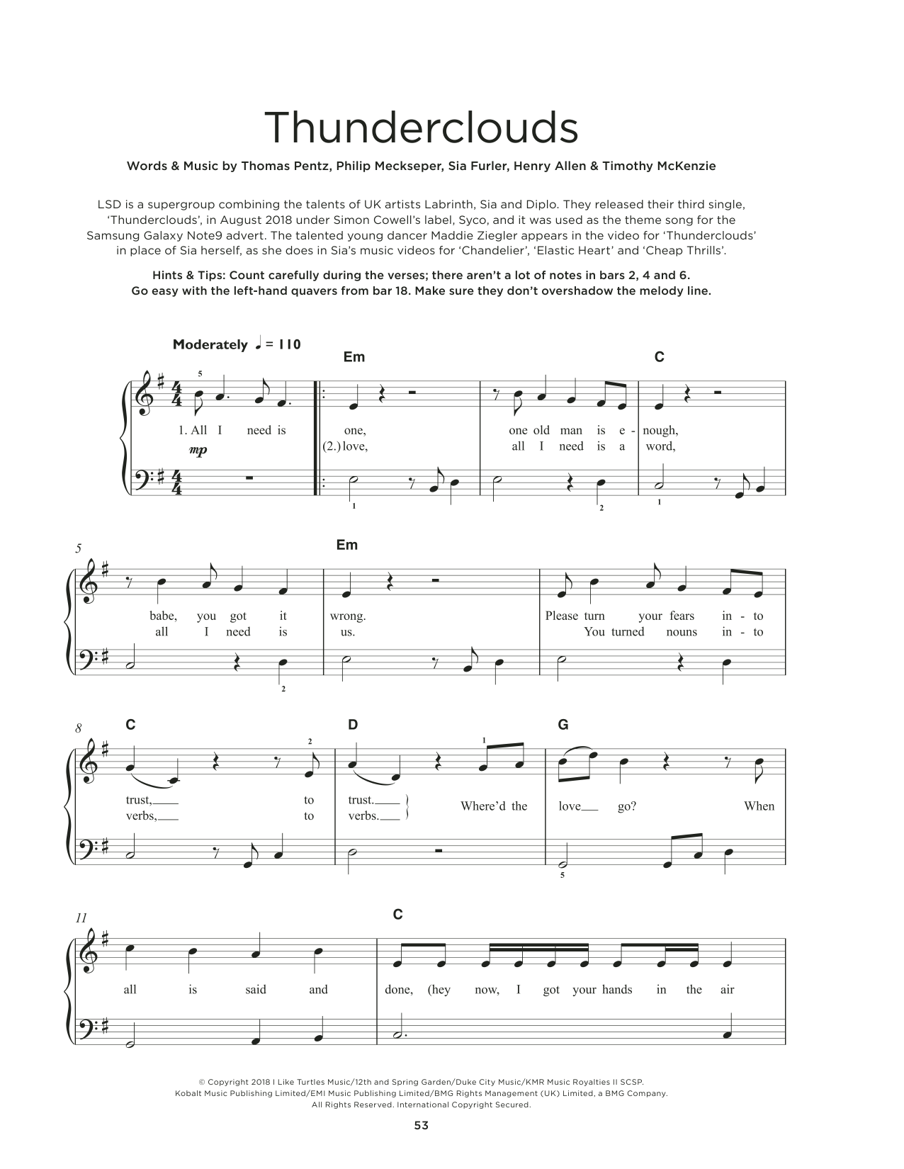 Labrinth, Sia & Diplo Thunderclouds Sheet Music Notes & Chords for Really Easy Piano - Download or Print PDF