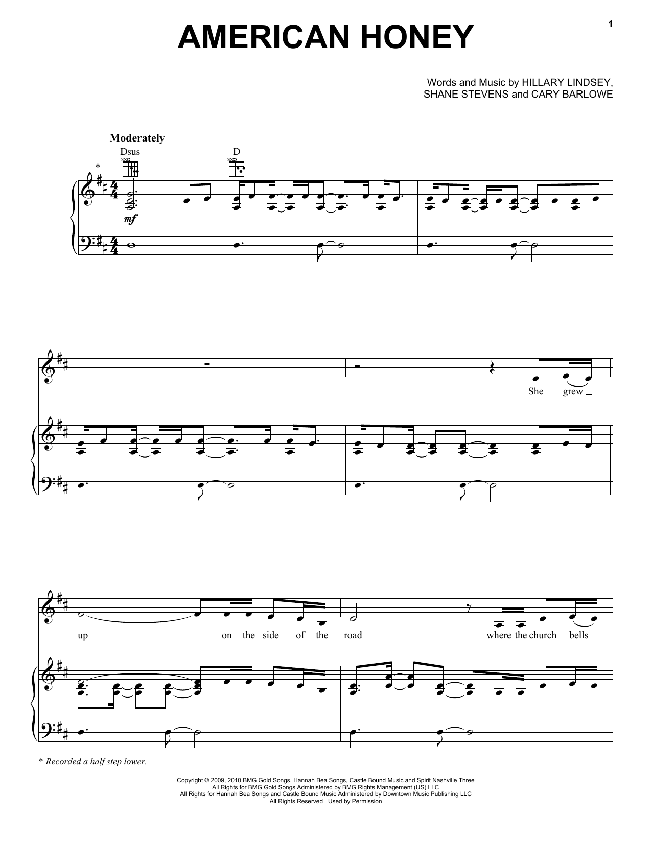 Lady A American Honey Sheet Music Notes & Chords for Piano, Vocal & Guitar (Right-Hand Melody) - Download or Print PDF