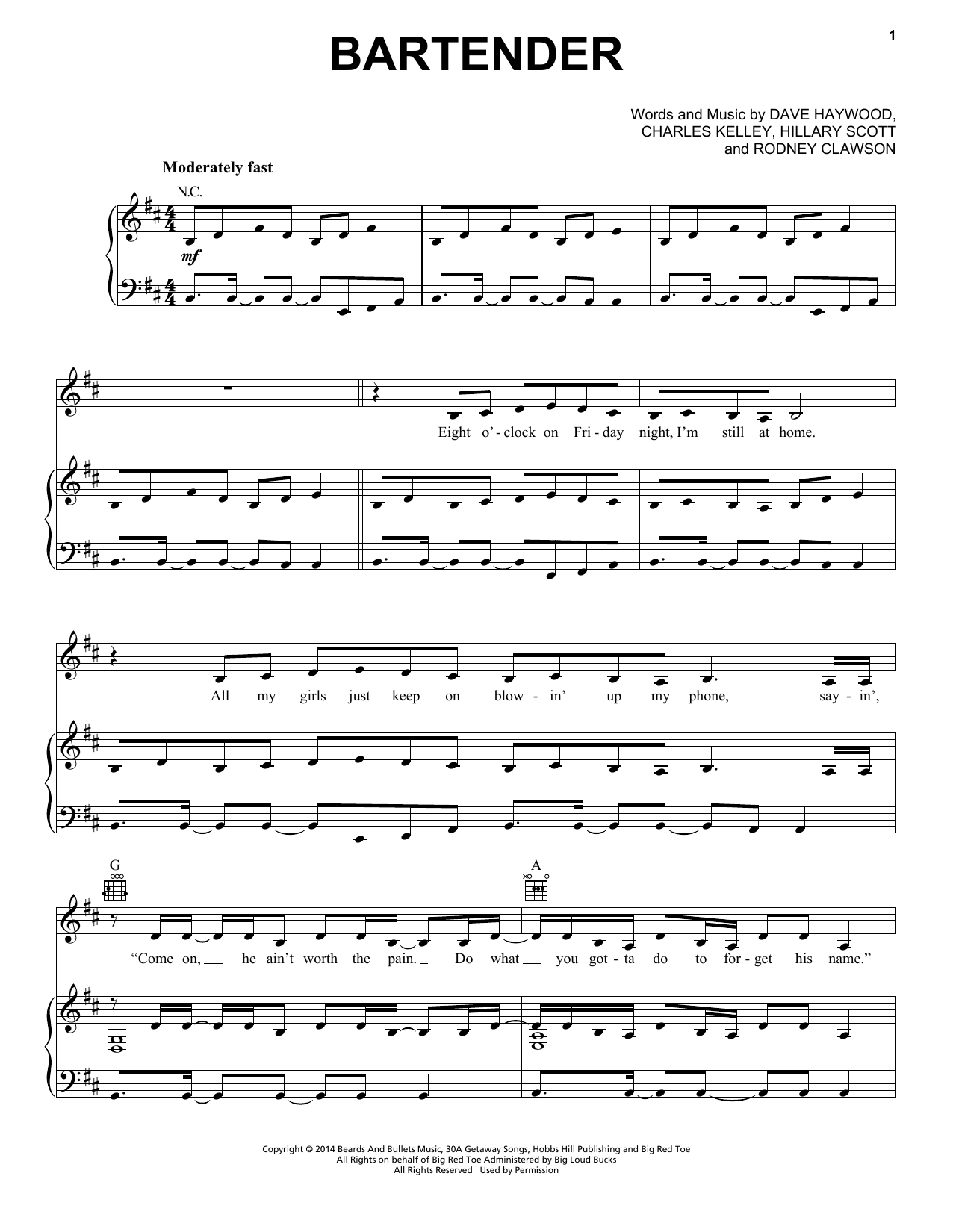 Lady A Bartender Sheet Music Notes & Chords for Piano, Vocal & Guitar (Right-Hand Melody) - Download or Print PDF