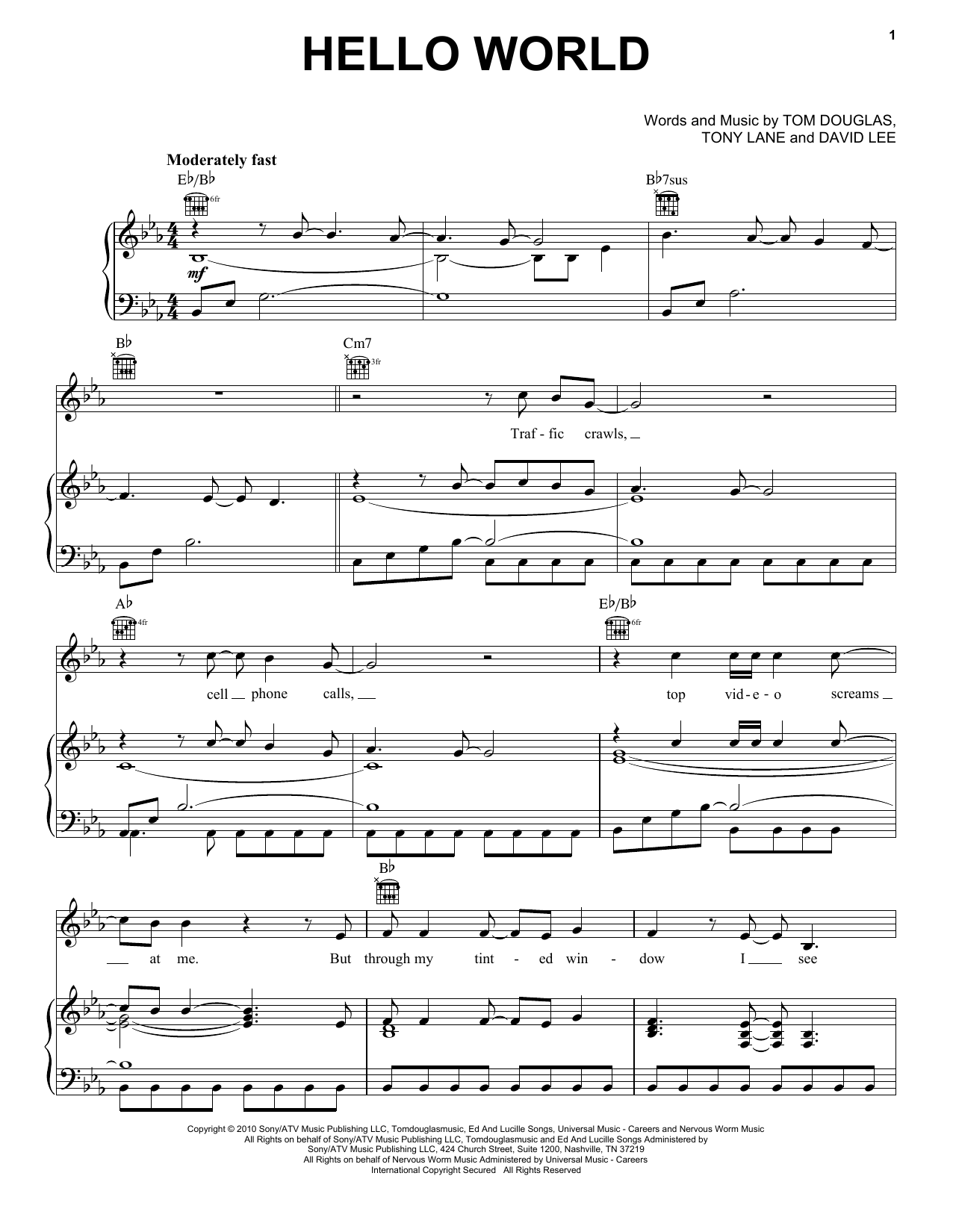 Lady A Hello World Sheet Music Notes & Chords for Piano, Vocal & Guitar (Right-Hand Melody) - Download or Print PDF