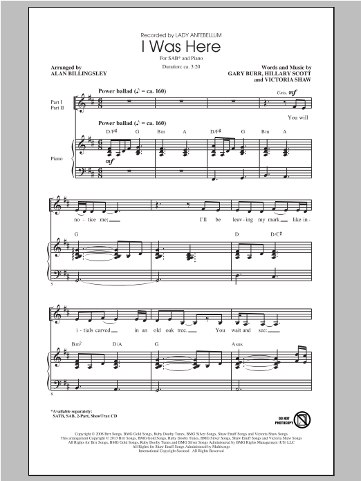Lady A I Was Here (arr. Alan Billingsley) Sheet Music Notes & Chords for SAB - Download or Print PDF