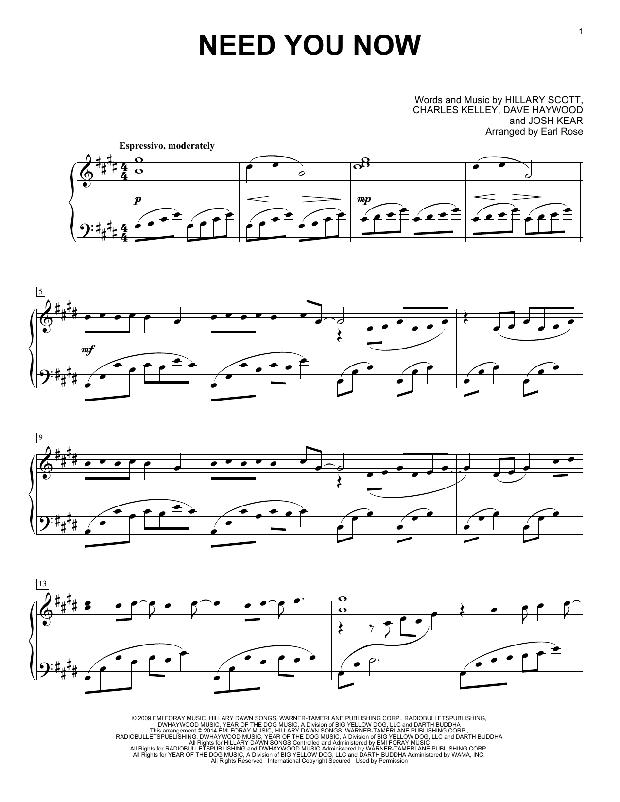 Lady A Need You Now (arr. Earl Rose) Sheet Music Notes & Chords for Piano - Download or Print PDF