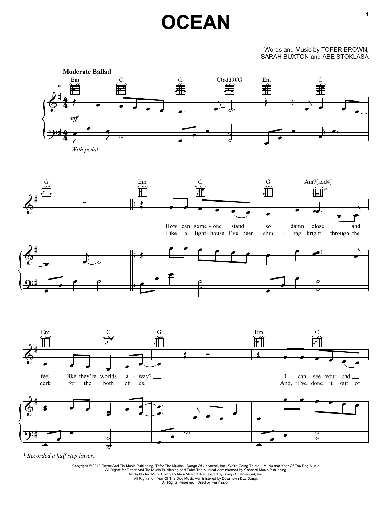 Lady A Ocean Sheet Music Notes & Chords for Piano, Vocal & Guitar (Right-Hand Melody) - Download or Print PDF