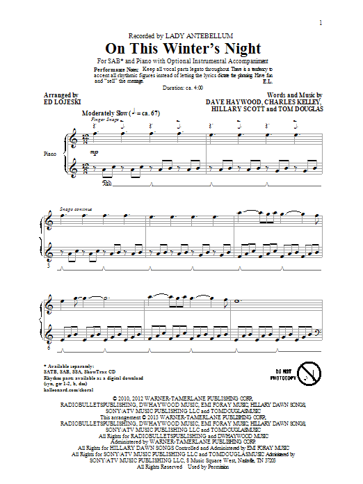 Lady A On This Winter's Night (arr. Ed Lojeski) Sheet Music Notes & Chords for SAB - Download or Print PDF