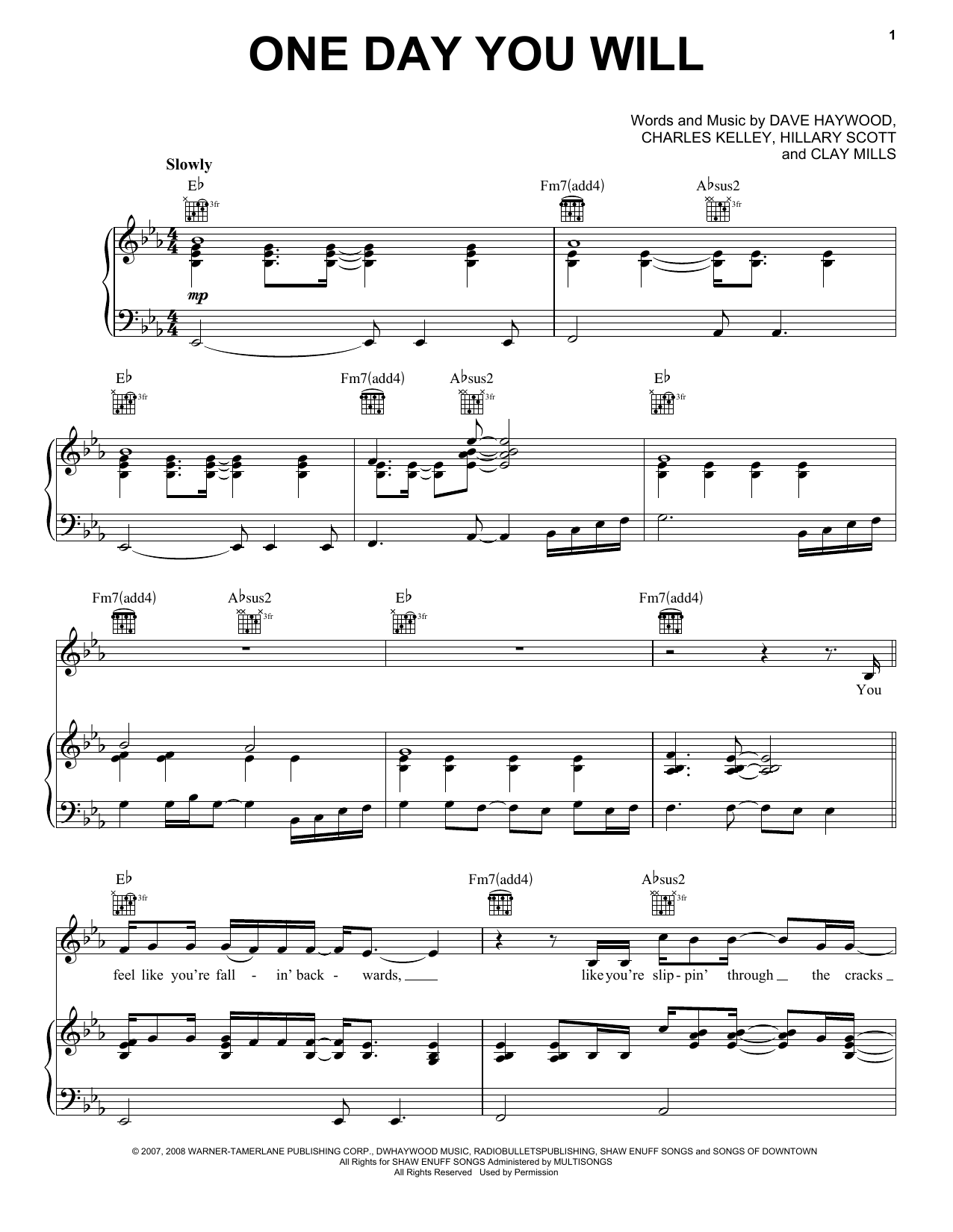 Lady A One Day You Will Sheet Music Notes & Chords for Piano, Vocal & Guitar (Right-Hand Melody) - Download or Print PDF