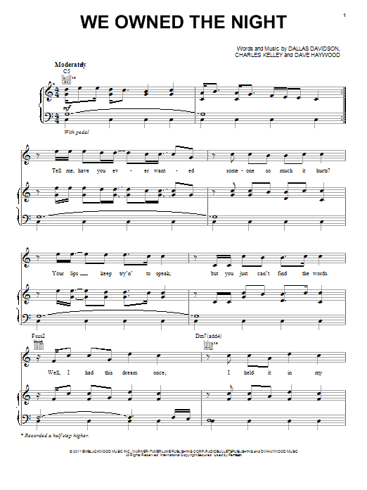 Lady A We Owned The Night Sheet Music Notes & Chords for Piano, Vocal & Guitar (Right-Hand Melody) - Download or Print PDF Lady A We Owned The Night Sheet Music Notes & Chords for Piano, Vocal & Guitar (Right-Hand Melody) - Download or Print PDF