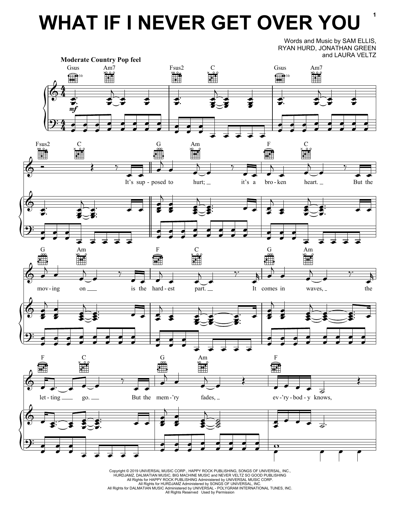 Lady A What If I Never Get Over You Sheet Music Notes & Chords for Piano, Vocal & Guitar (Right-Hand Melody) - Download or Print PDF