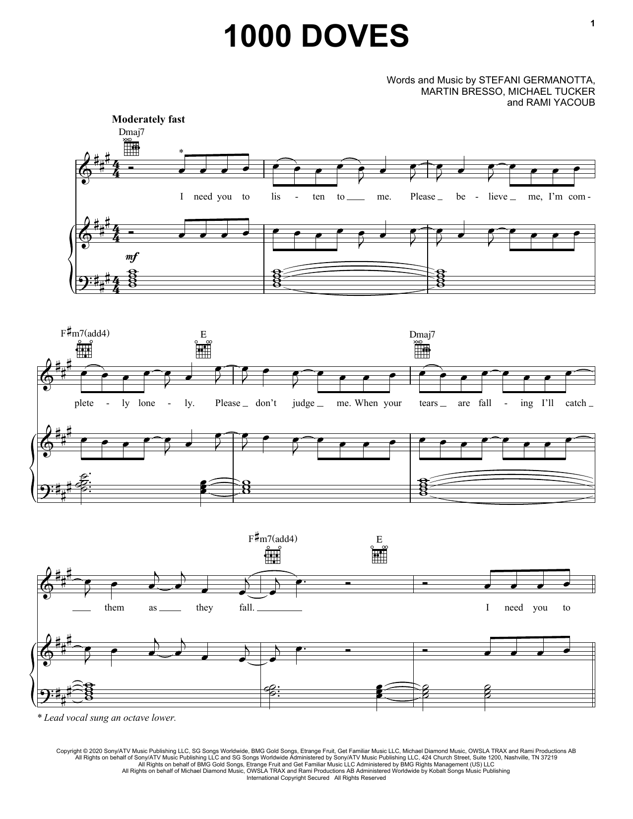 Lady Gaga 1000 Doves Sheet Music Notes & Chords for Piano, Vocal & Guitar (Right-Hand Melody) - Download or Print PDF