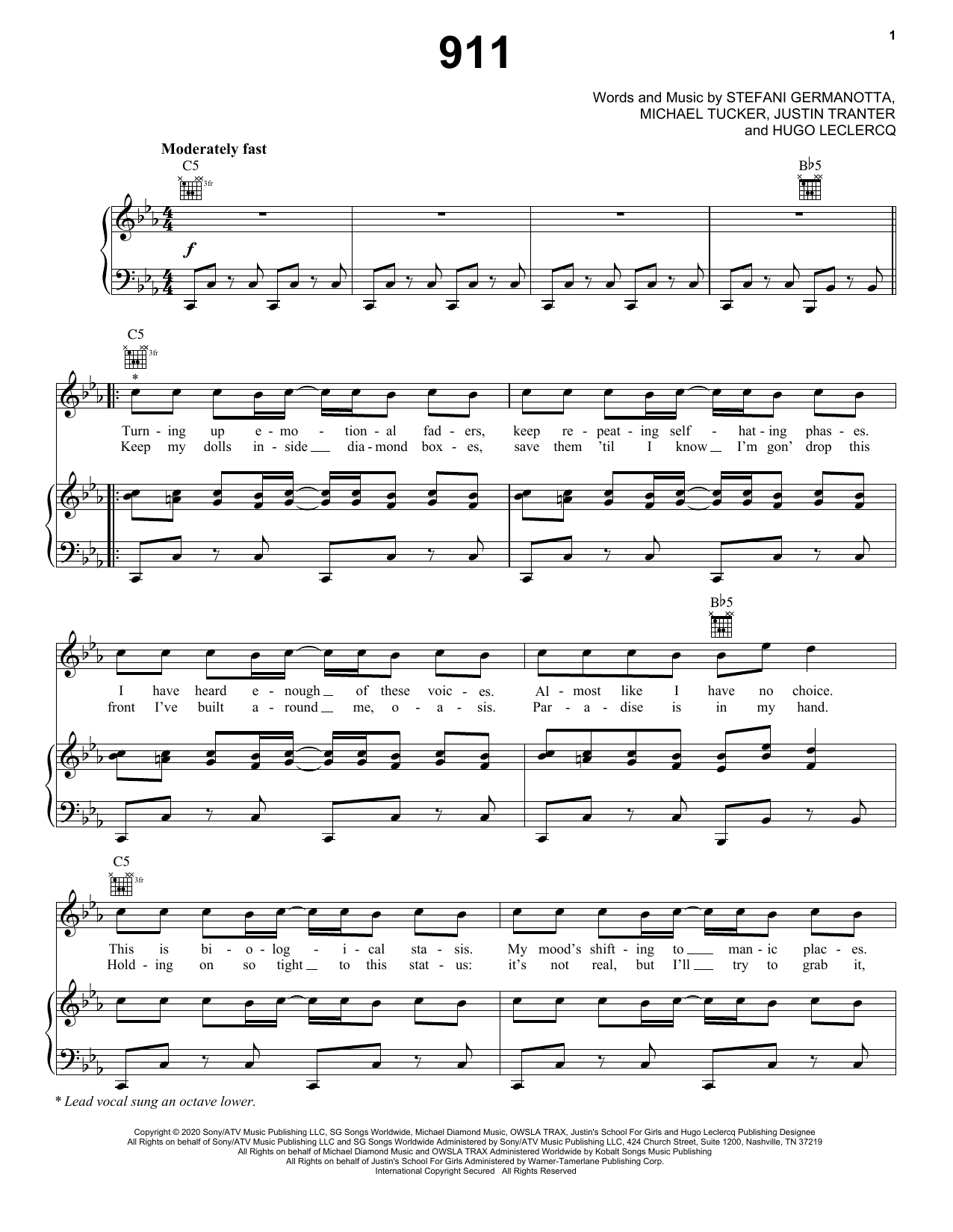 Lady Gaga 911 Sheet Music Notes & Chords for Piano, Vocal & Guitar (Right-Hand Melody) - Download or Print PDF