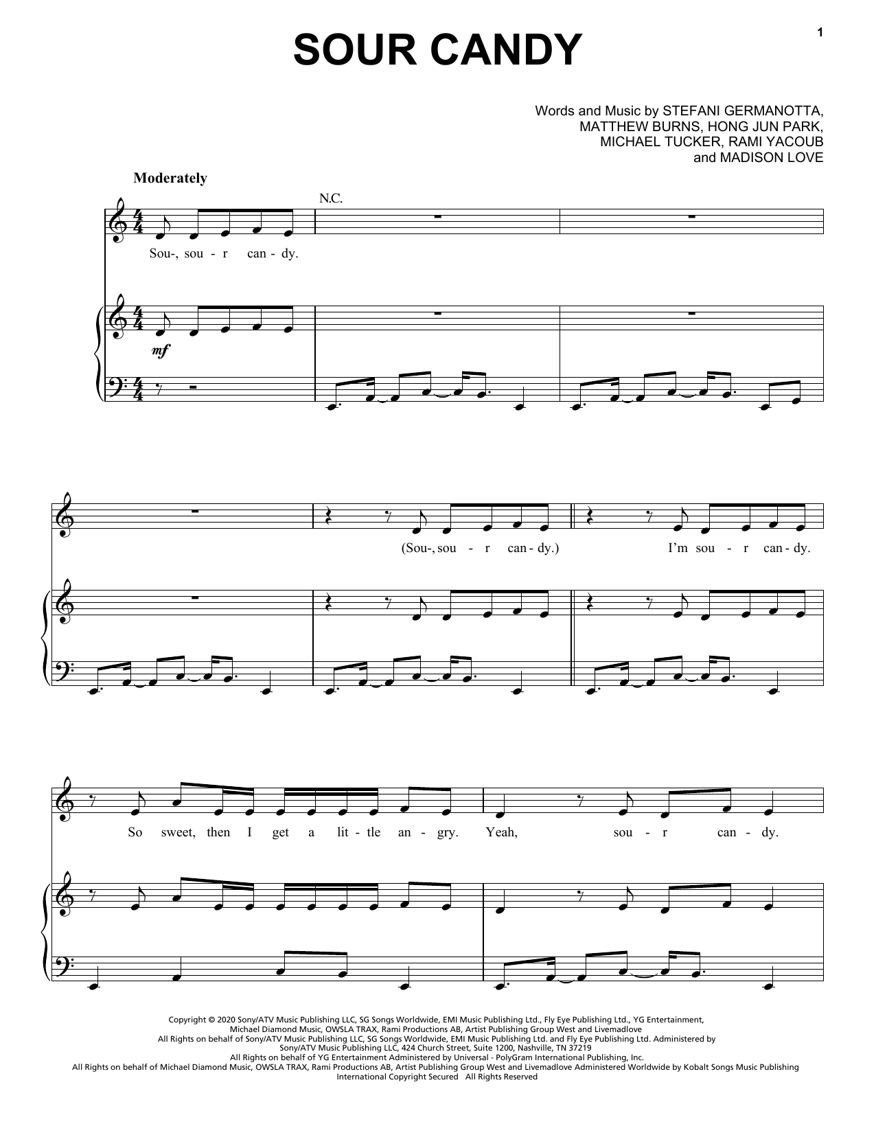 Lady Gaga & BLACKPINK Sour Candy Sheet Music Notes & Chords for Piano, Vocal & Guitar (Right-Hand Melody) - Download or Print PDF