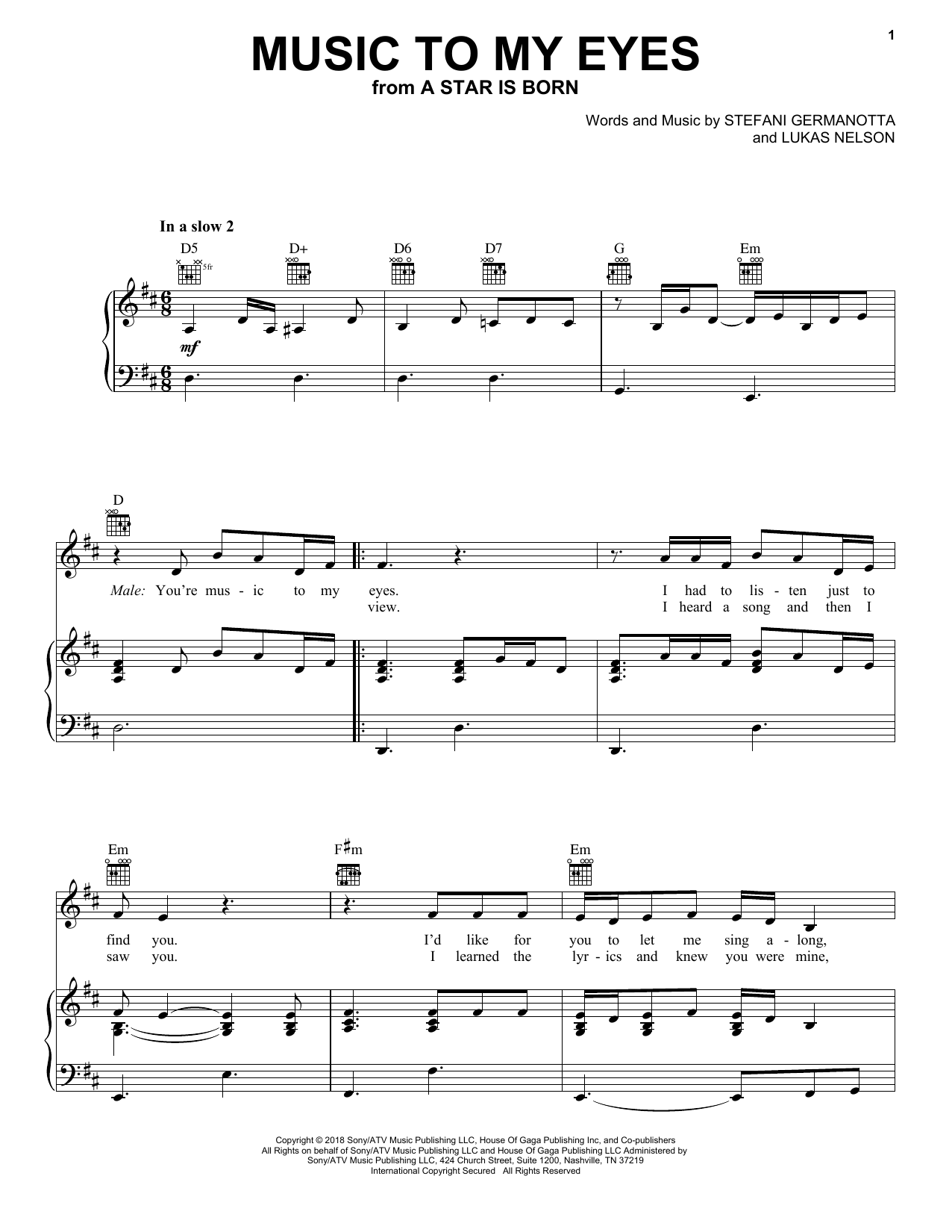 Lady Gaga & Bradley Cooper Music To My Eyes (from A Star Is Born) Sheet Music Notes & Chords for Easy Guitar Tab - Download or Print PDF