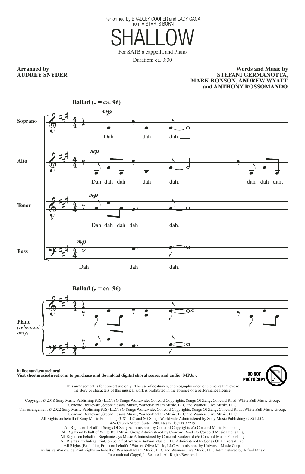 Lady Gaga & Bradley Cooper Shallow (from A Star Is Born) (arr. Audrey Snyder) Sheet Music Notes & Chords for SATB Choir - Download or Print PDF