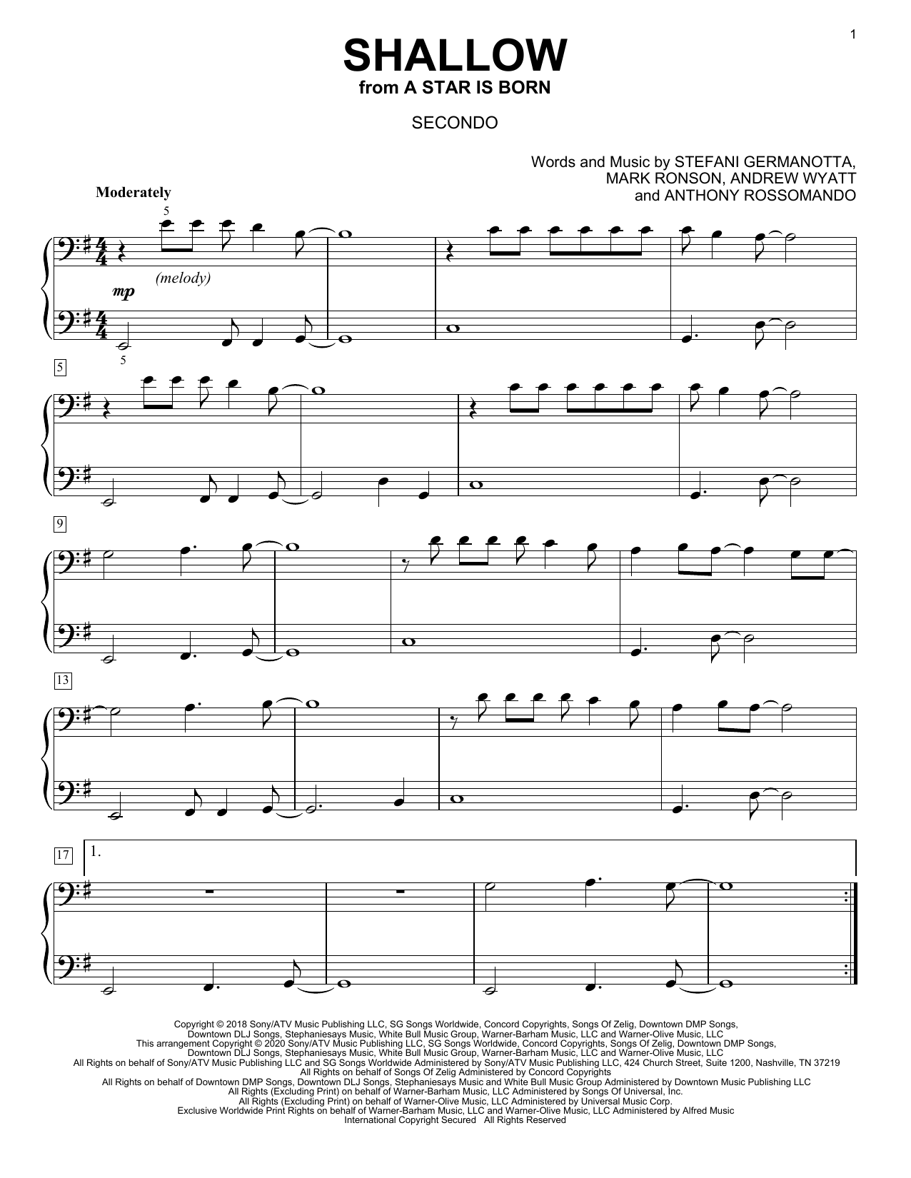 Lady Gaga & Bradley Cooper Shallow (from A Star Is Born) (arr. David Pearl) Sheet Music Notes & Chords for Piano Duet - Download or Print PDF