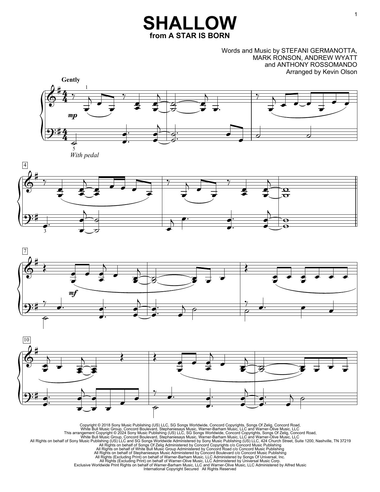 Lady Gaga & Bradley Cooper Shallow (from A Star Is Born) (arr. Kevin Olson) Sheet Music Notes & Chords for Easy Piano Solo - Download or Print PDF