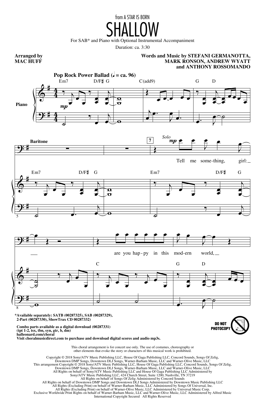 Lady Gaga & Bradley Cooper Shallow (from A Star Is Born) (arr. Mac Huff) Sheet Music Notes & Chords for SATB Choir - Download or Print PDF