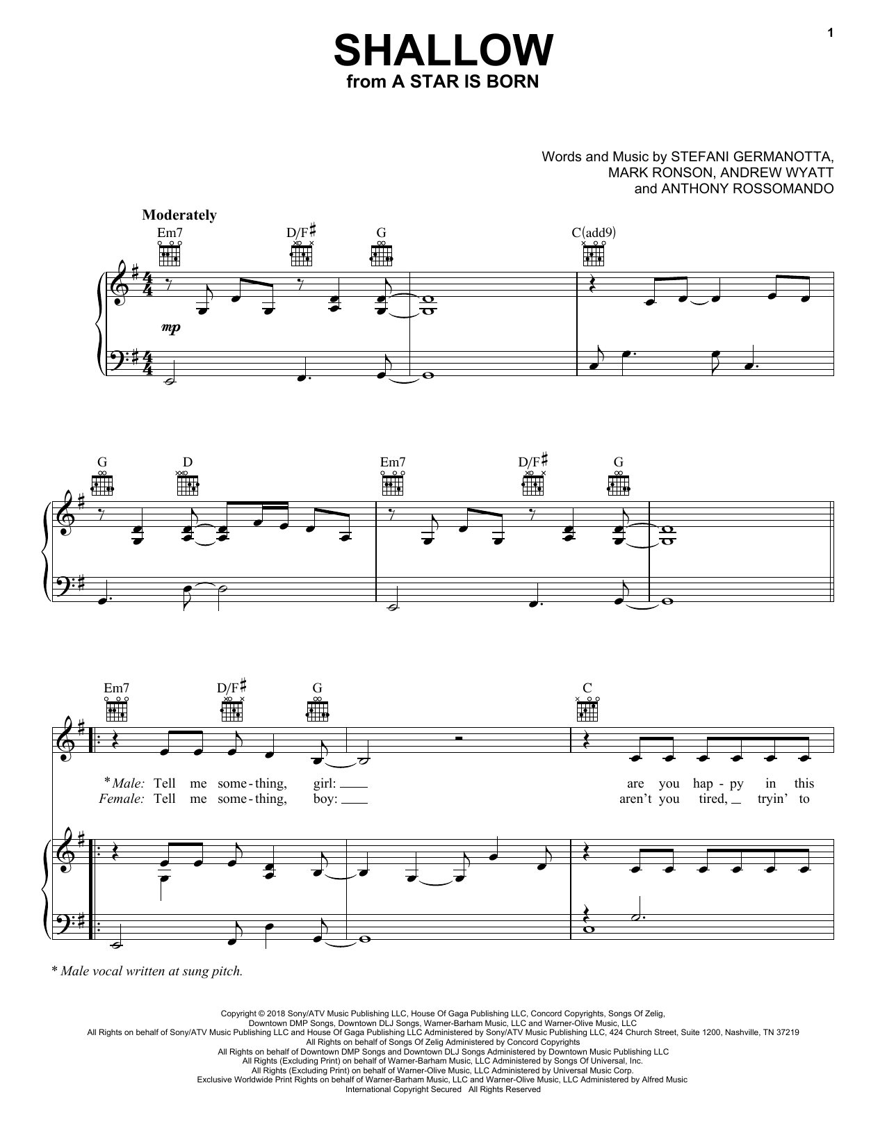 Lady Gaga & Bradley Cooper Shallow (from A Star Is Born) Sheet Music Notes & Chords for Easy Piano - Download or Print PDF