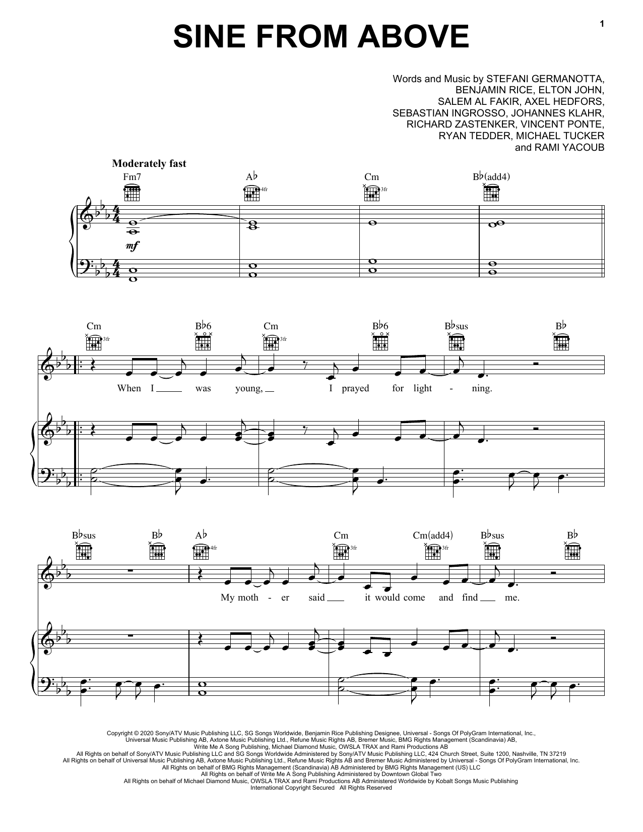 Lady Gaga & Elton John Sine From Above Sheet Music Notes & Chords for Piano, Vocal & Guitar (Right-Hand Melody) - Download or Print PDF