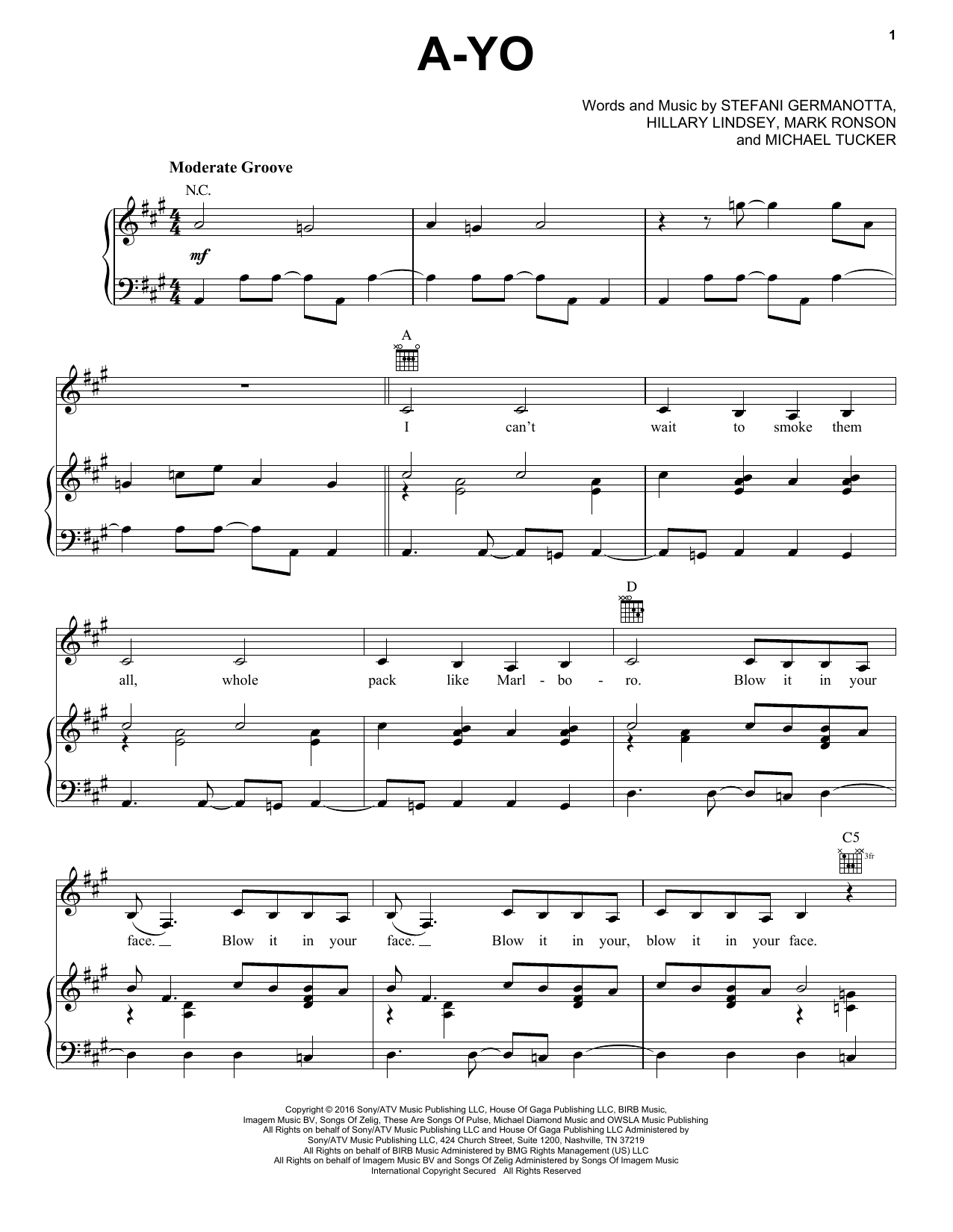 Lady Gaga A-Yo Sheet Music Notes & Chords for Piano, Vocal & Guitar (Right-Hand Melody) - Download or Print PDF