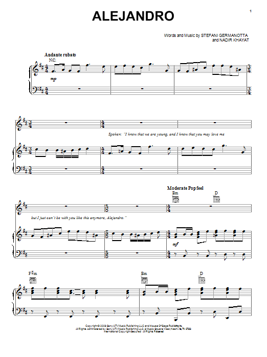 Lady Gaga Alejandro Sheet Music Notes & Chords for Piano, Vocal & Guitar (Right-Hand Melody) - Download or Print PDF