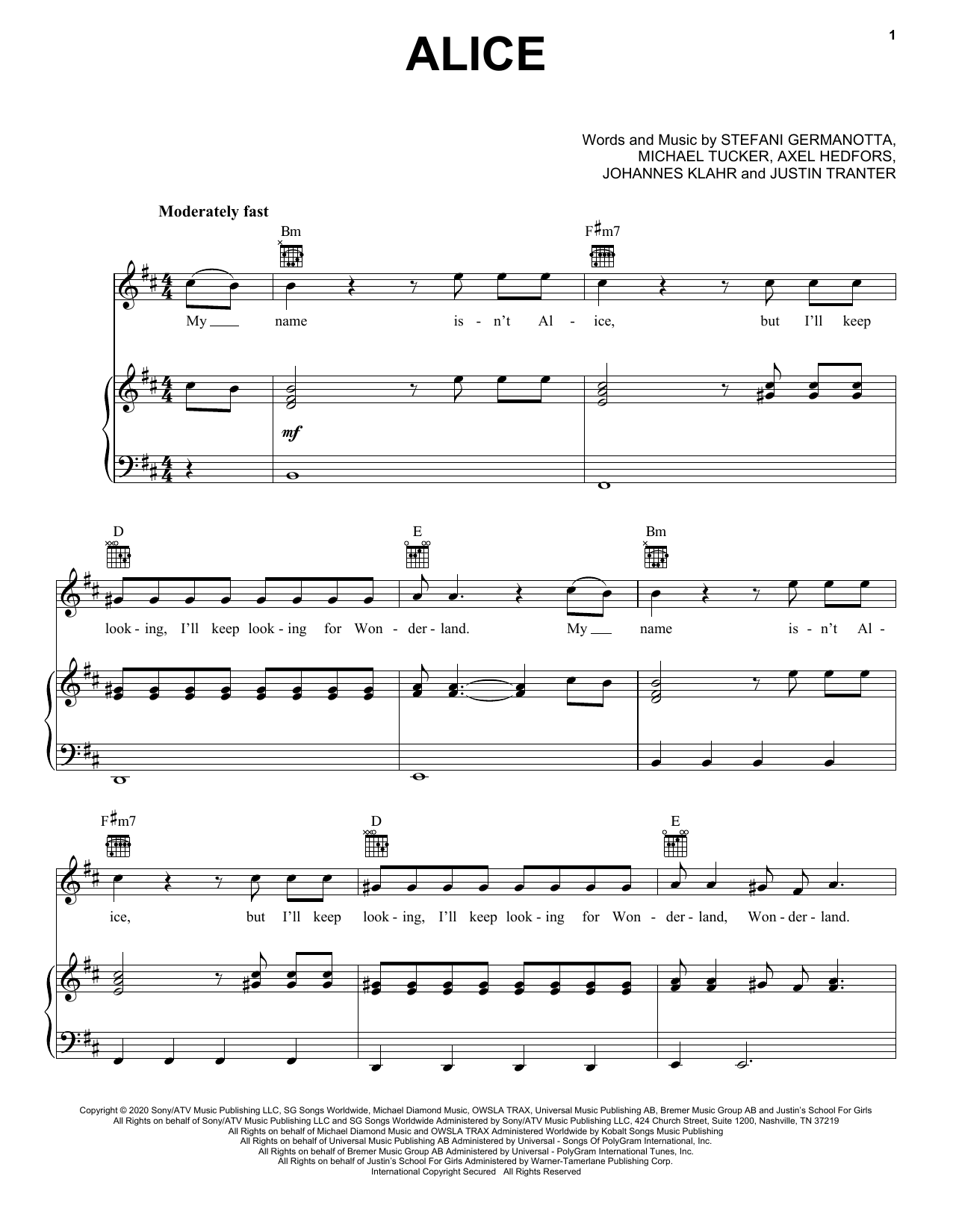 Lady Gaga Alice Sheet Music Notes & Chords for Piano, Vocal & Guitar (Right-Hand Melody) - Download or Print PDF