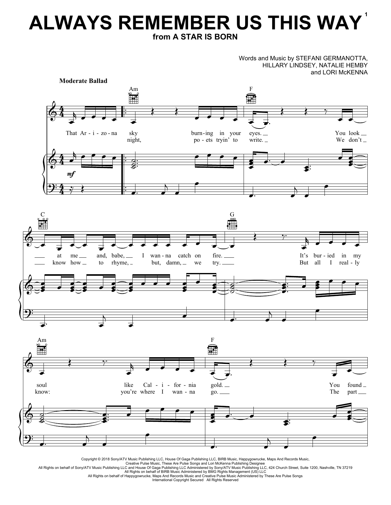 Lady Gaga Always Remember Us This Way (from A Star Is Born) Sheet Music Notes & Chords for Really Easy Piano - Download or Print PDF