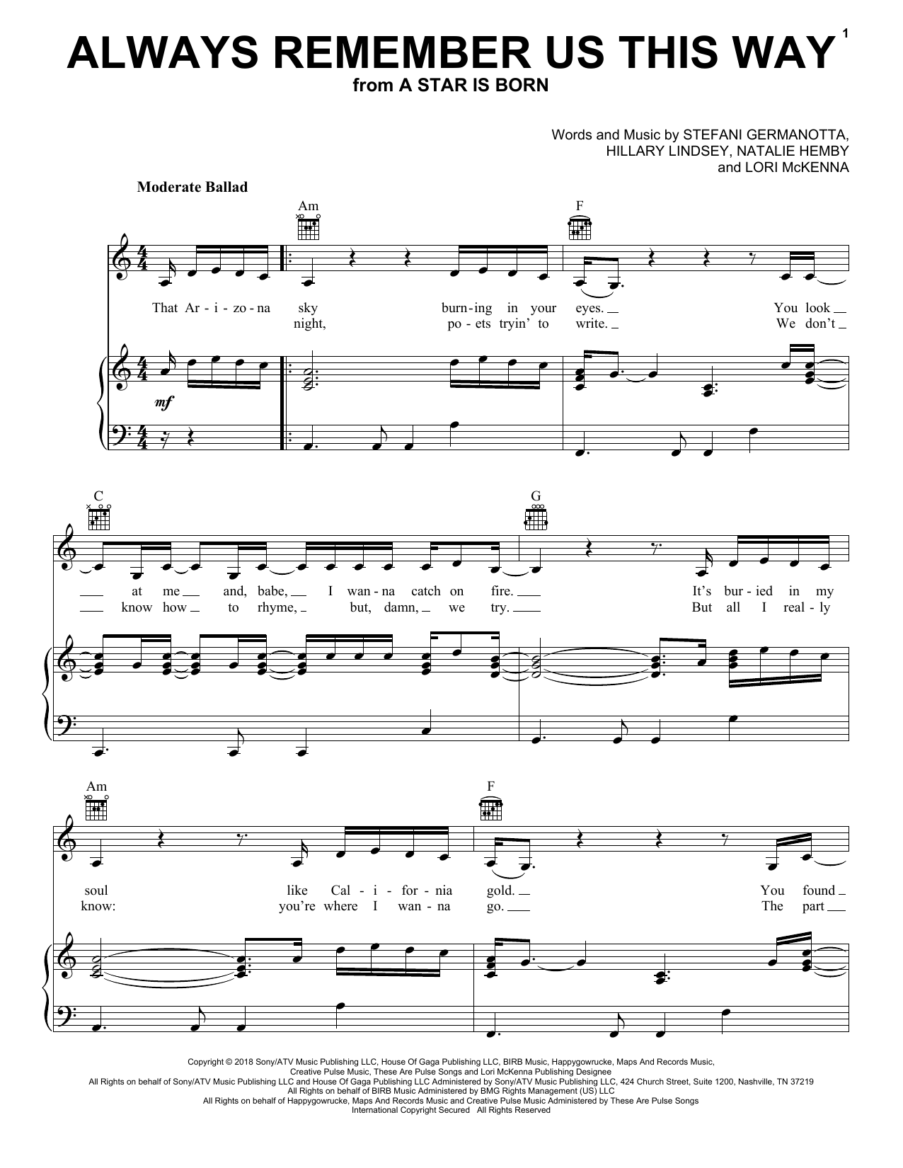 Lady Gaga Always Remember Us This Way (from A Star Is Born) Sheet Music Notes & Chords for Piano, Vocal & Guitar Chords (Right-Hand Melody) - Download or Print PDF