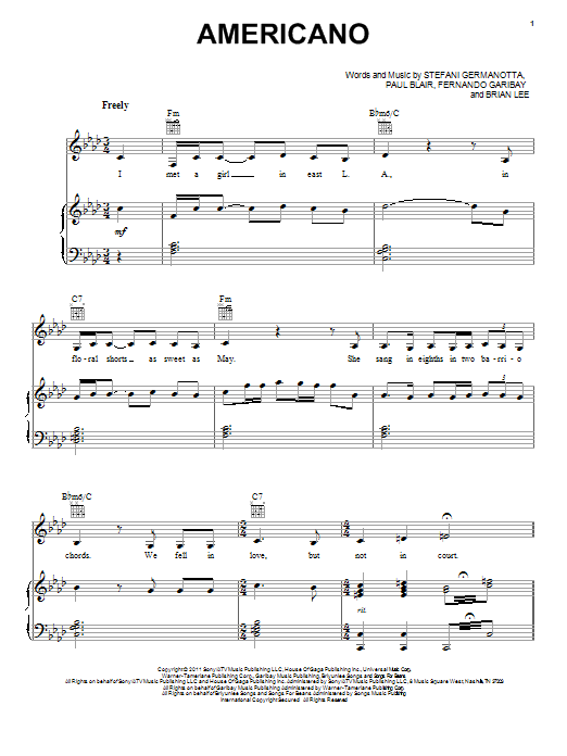 Lady Gaga Americano Sheet Music Notes & Chords for Piano, Vocal & Guitar (Right-Hand Melody) - Download or Print PDF