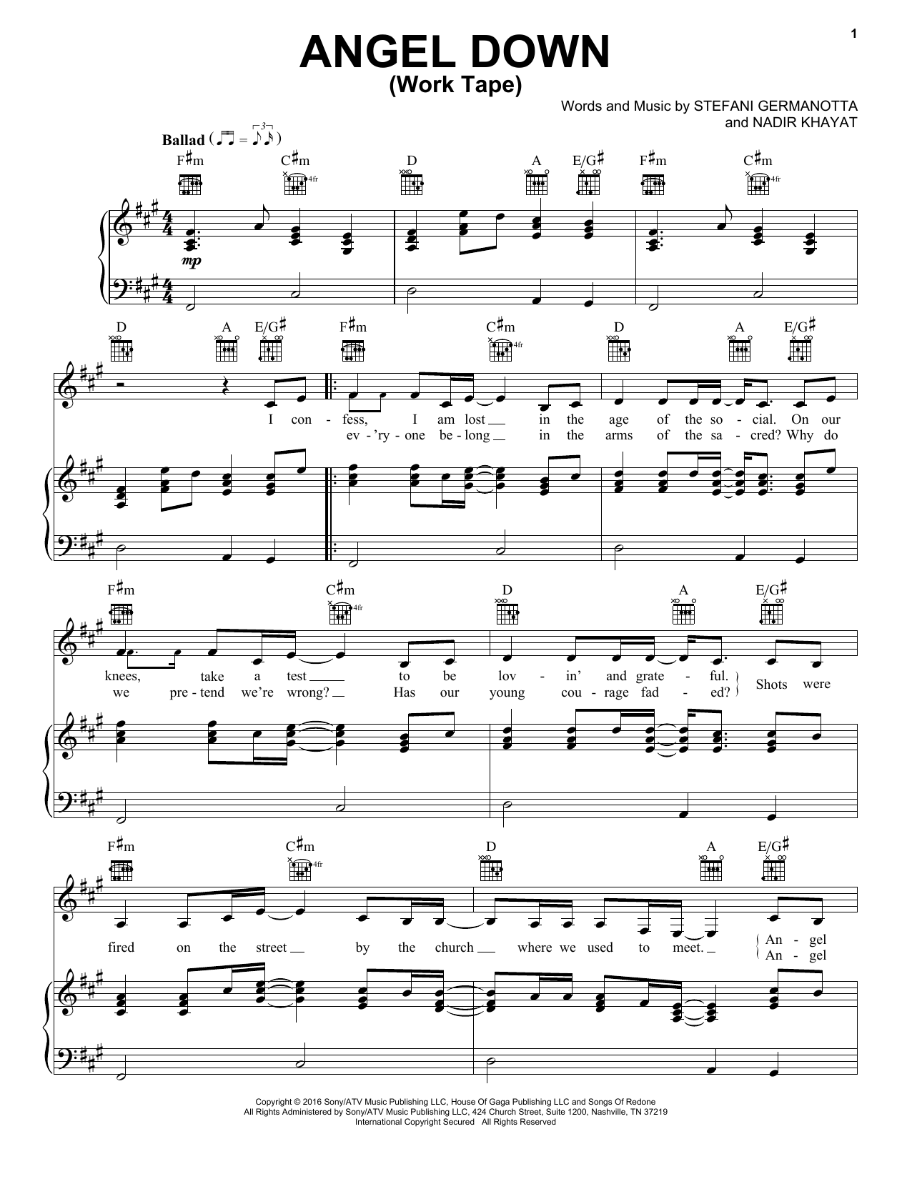 Lady Gaga Angel Down (Work Tape) Sheet Music Notes & Chords for Piano, Vocal & Guitar (Right-Hand Melody) - Download or Print PDF