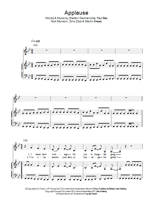 Lady Gaga Applause Sheet Music Notes & Chords for Piano, Vocal & Guitar (Right-Hand Melody) - Download or Print PDF