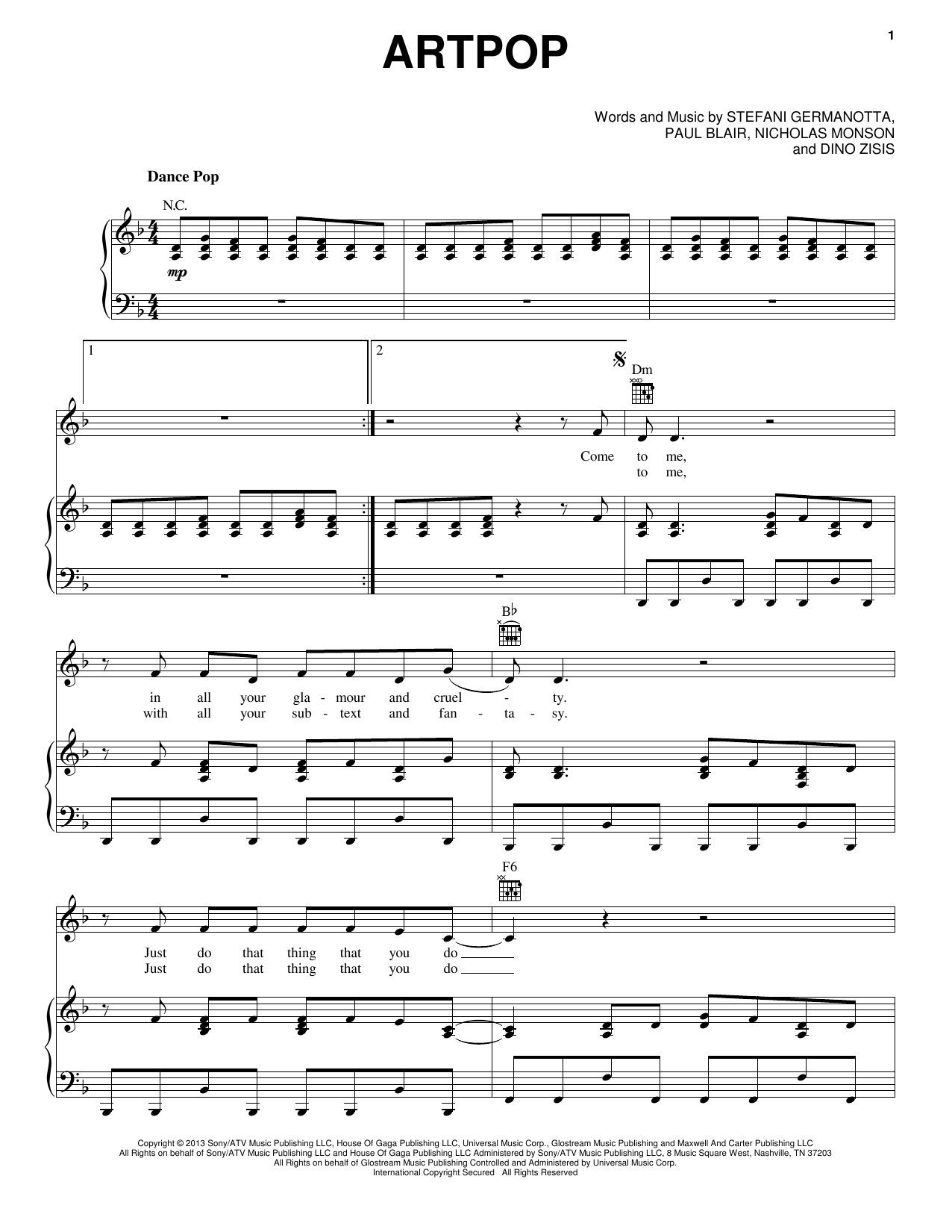 Lady Gaga ARTPOP Sheet Music Notes & Chords for Piano, Vocal & Guitar (Right-Hand Melody) - Download or Print PDF