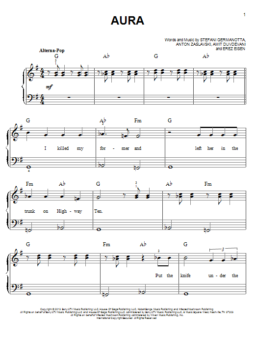 Lady Gaga Aura Sheet Music Notes & Chords for Easy Piano - Download or Print PDF