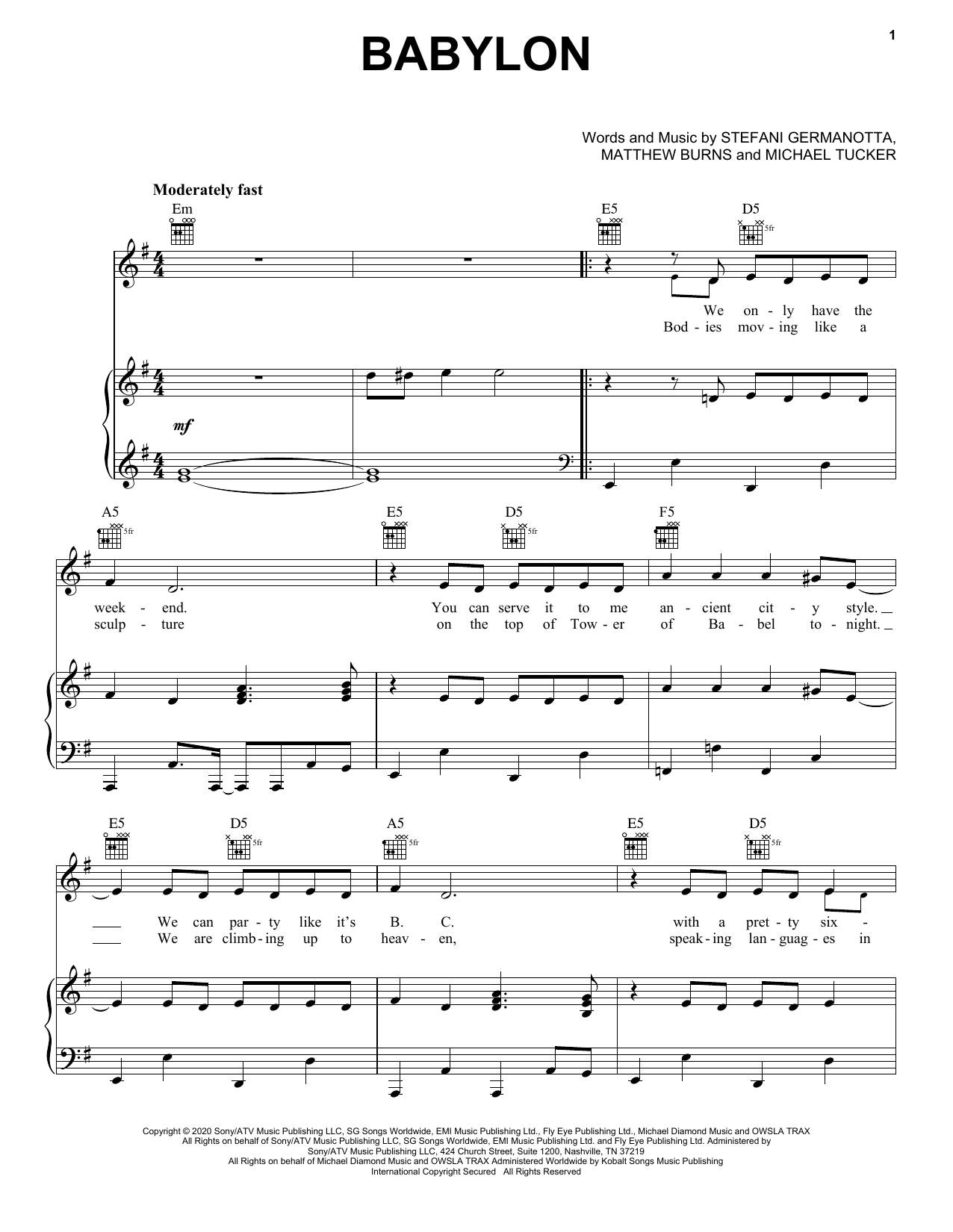 Lady Gaga Babylon Sheet Music Notes & Chords for Piano, Vocal & Guitar (Right-Hand Melody) - Download or Print PDF