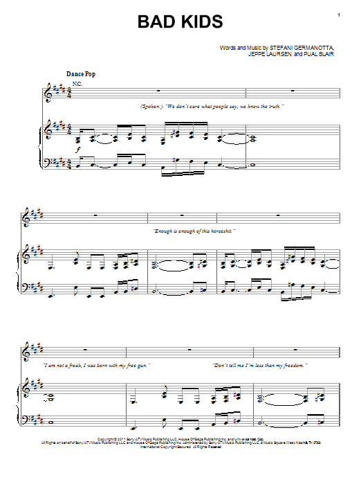 Lady Gaga Bad Kids Sheet Music Notes & Chords for Piano, Vocal & Guitar (Right-Hand Melody) - Download or Print PDF