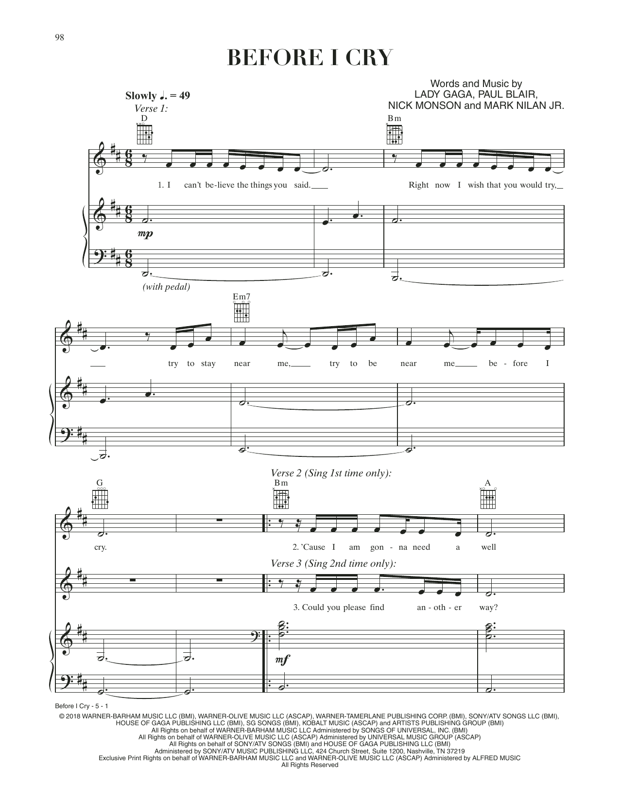 Lady Gaga Before I Cry (from A Star Is Born) Sheet Music Notes & Chords for Piano, Vocal & Guitar Chords (Right-Hand Melody) - Download or Print PDF