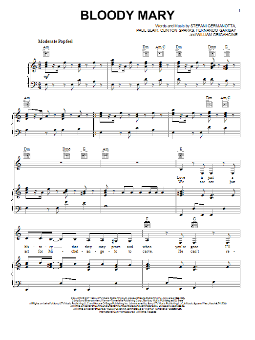 Lady Gaga Bloody Mary Sheet Music Notes & Chords for Piano, Vocal & Guitar (Right-Hand Melody) - Download or Print PDF